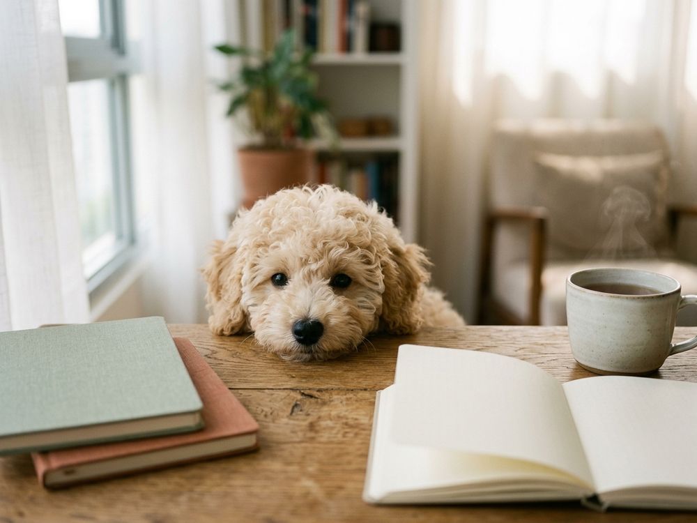 Toy Poodle puppy resting beside open journal and notebooks — Puppy Singapore blog guides
